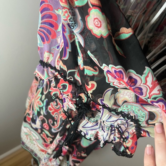 Y2k Boho Gypsy Silk Beaded Crochet Floral Peasant Babydoll Blouse Tassel XL - Picture 4 of 4